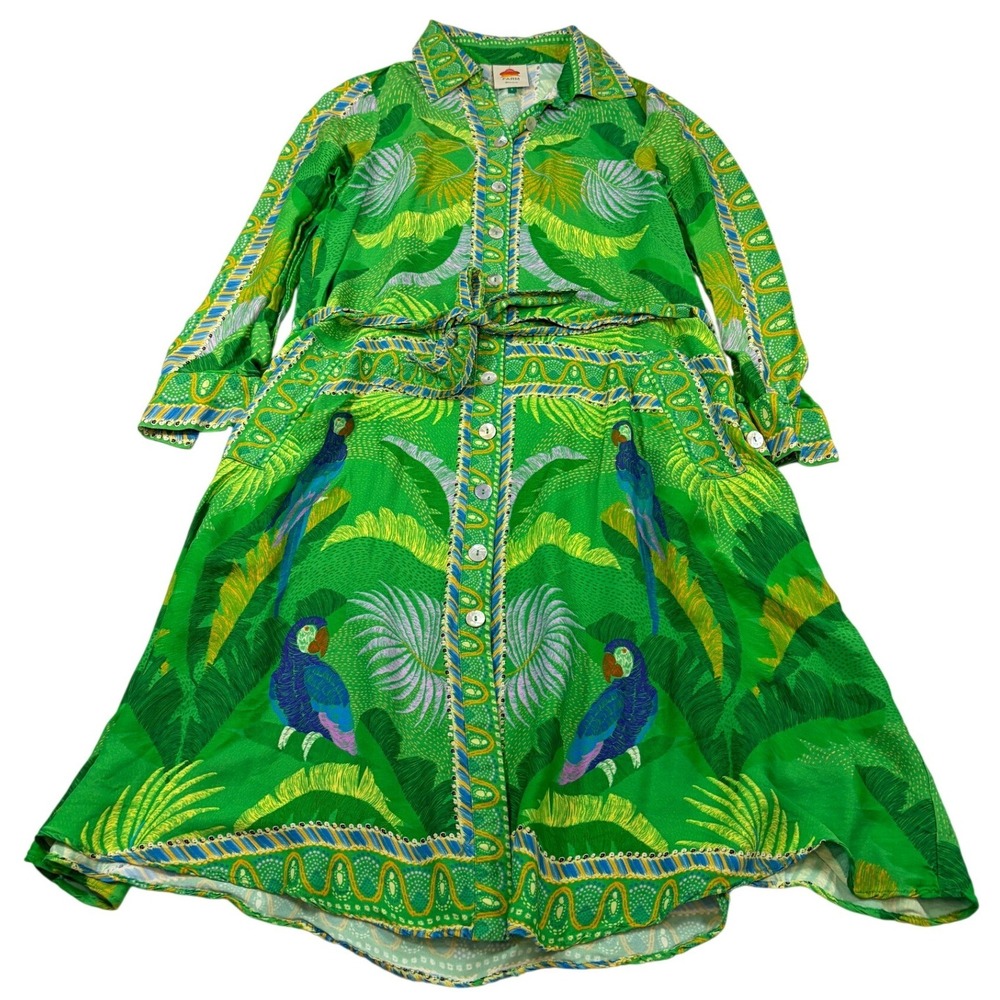Farm Rio Macaw Scarf Chemise Tropical Parrot Green Midi Shirt Dress Belted S - Picture 2 of 14